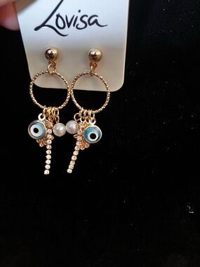 Lovisa Gold Hoop Earrings with Blue Evil Eye and Pearl Charms